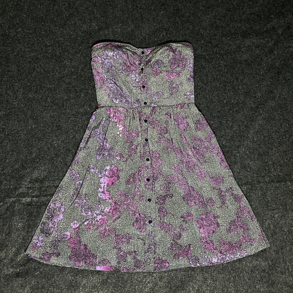 Rebecca Taylor Dress Women 0 Gray Purple Floral 100% Silk Lined Strapless Boning